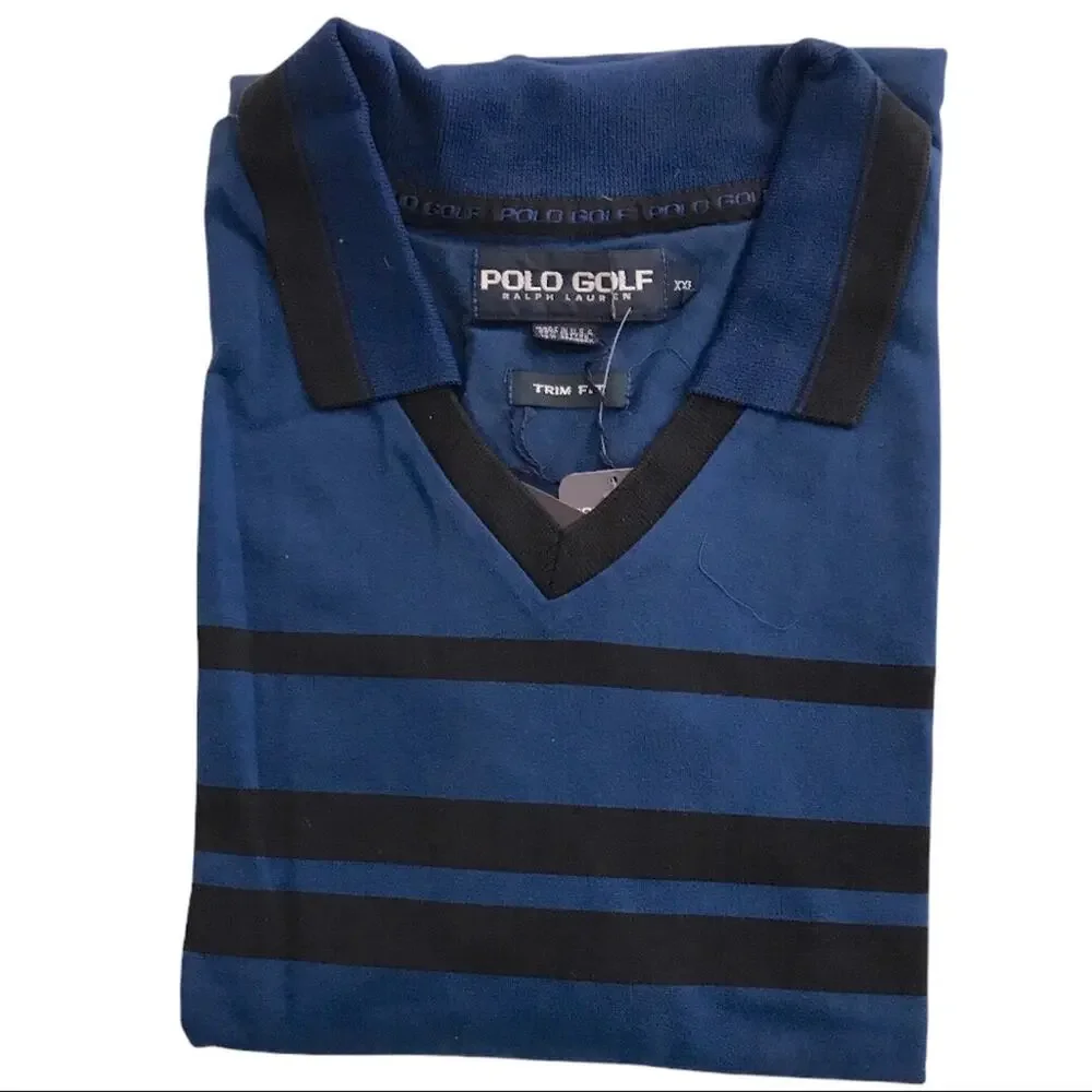 Ralph Lauren Polo Golf V-Neck Polo Shirt Blue with Black Stripe Short Sleeve XXL